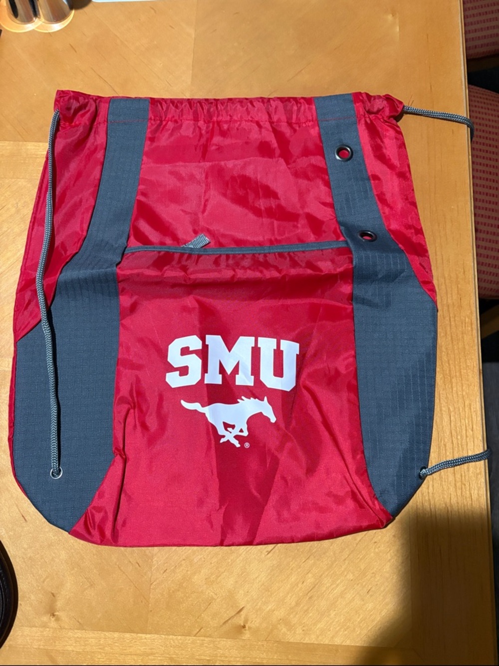 Red and Gray SMU Drawstring Backpack